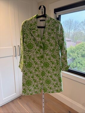 Women's Green & White Printed Trench Coat - Designer Label